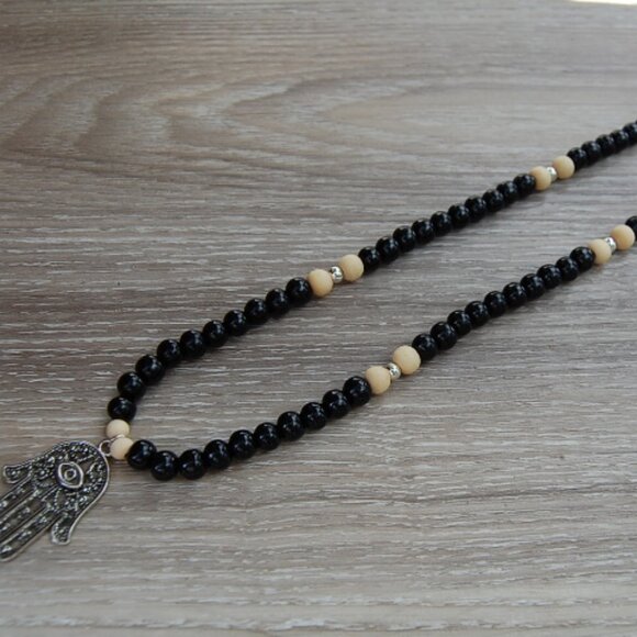 Hamsa Hand Necklace,Wood Necklace,Hand of Fatima Necklace - Picture 2 of 3